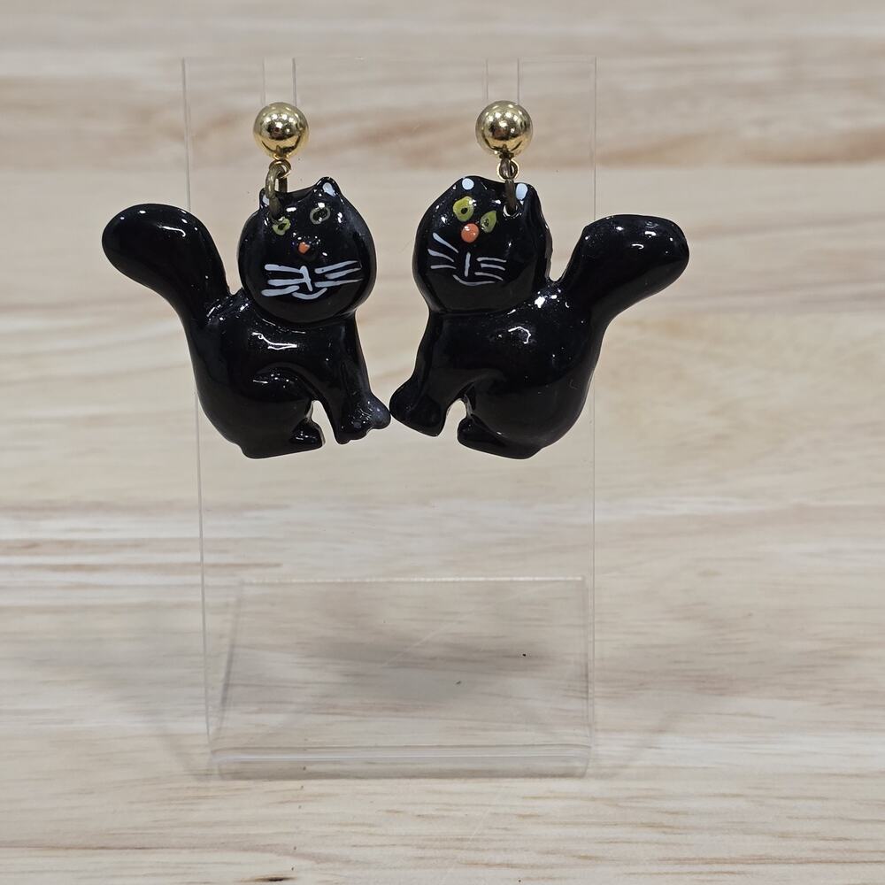 Hand Painted Halloween Fashion Black Cat Pierced Earrings